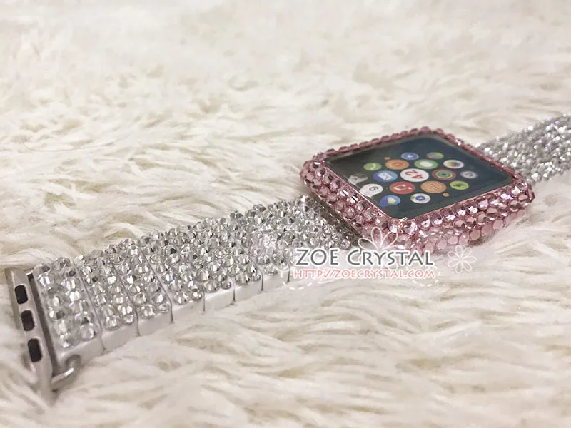 Apple Watch Bedazzled Bling Pink Crystal Case / Protector / Cover  Silver White Swarovski Rhinestone iWatch Band / Strap