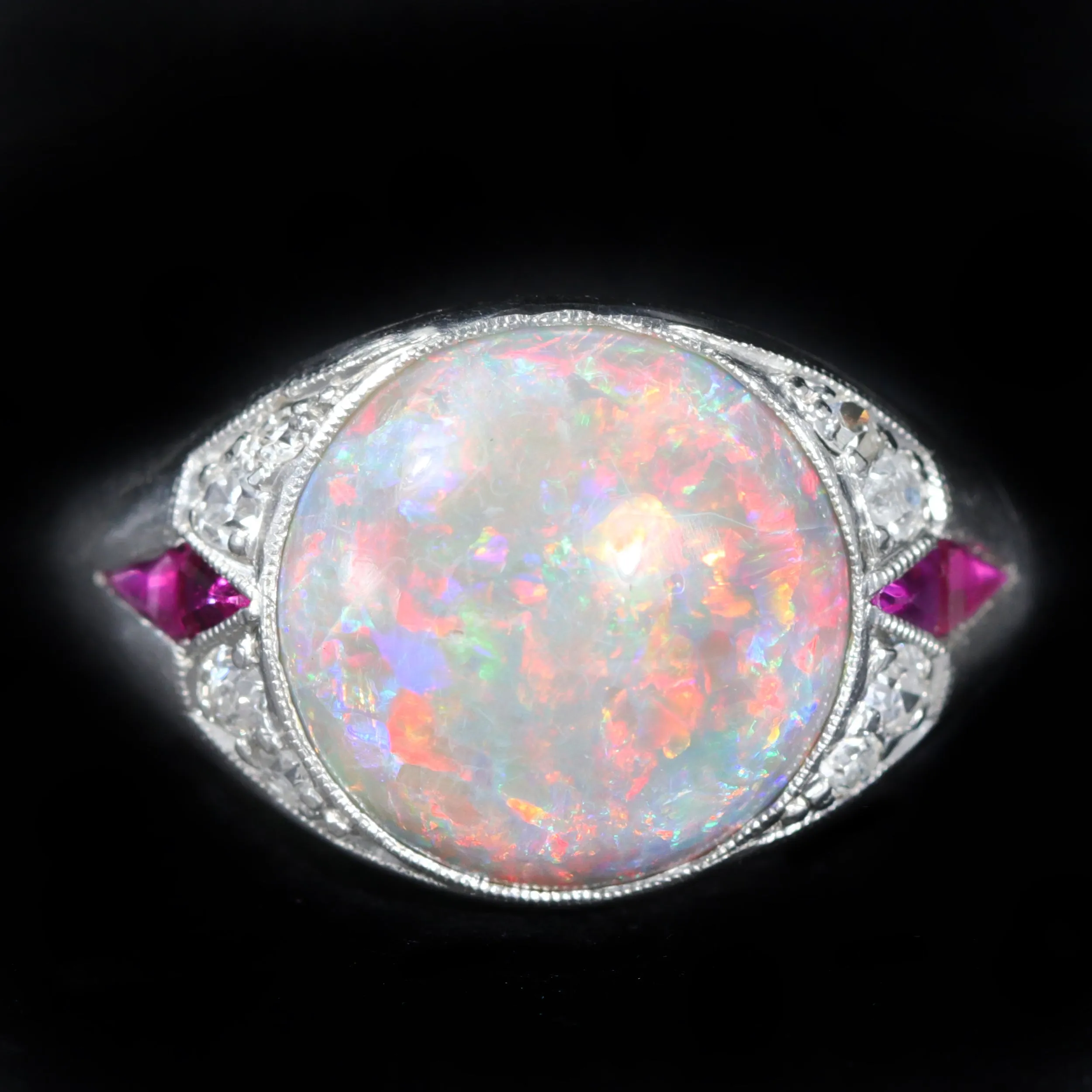 Art Deco 3.33 Carat Opal, Diamond, and Ruby Ring