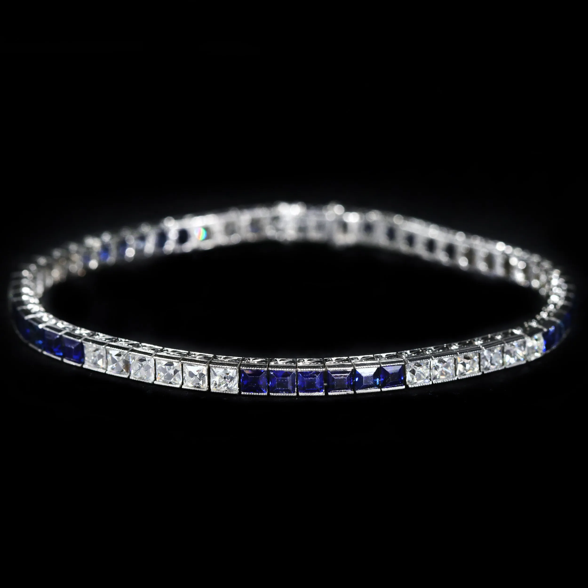 Art Deco Peruzzi Cut Diamond and No Heat Sapphire Line Bracelet