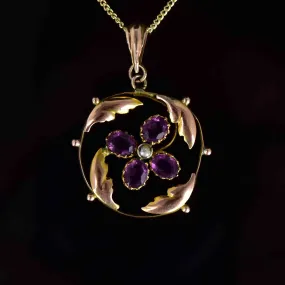 Art Nouveau Gold Amethyst Seed Pearl Floral Lavaliere Necklace