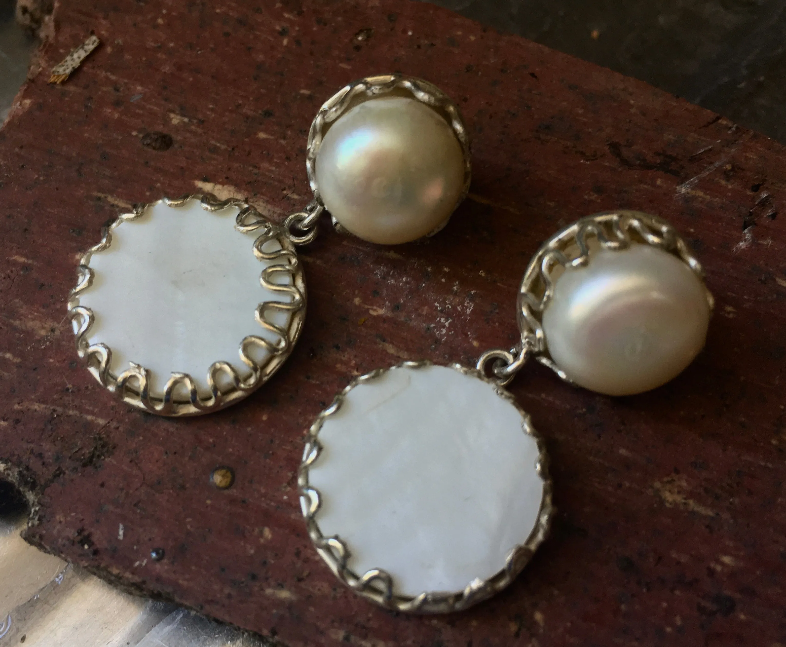 'Aspen Snowdrop' Lustrous Baroque Pearl top Mother of Pearl & 925 Silver drop Statement Drop Earrings