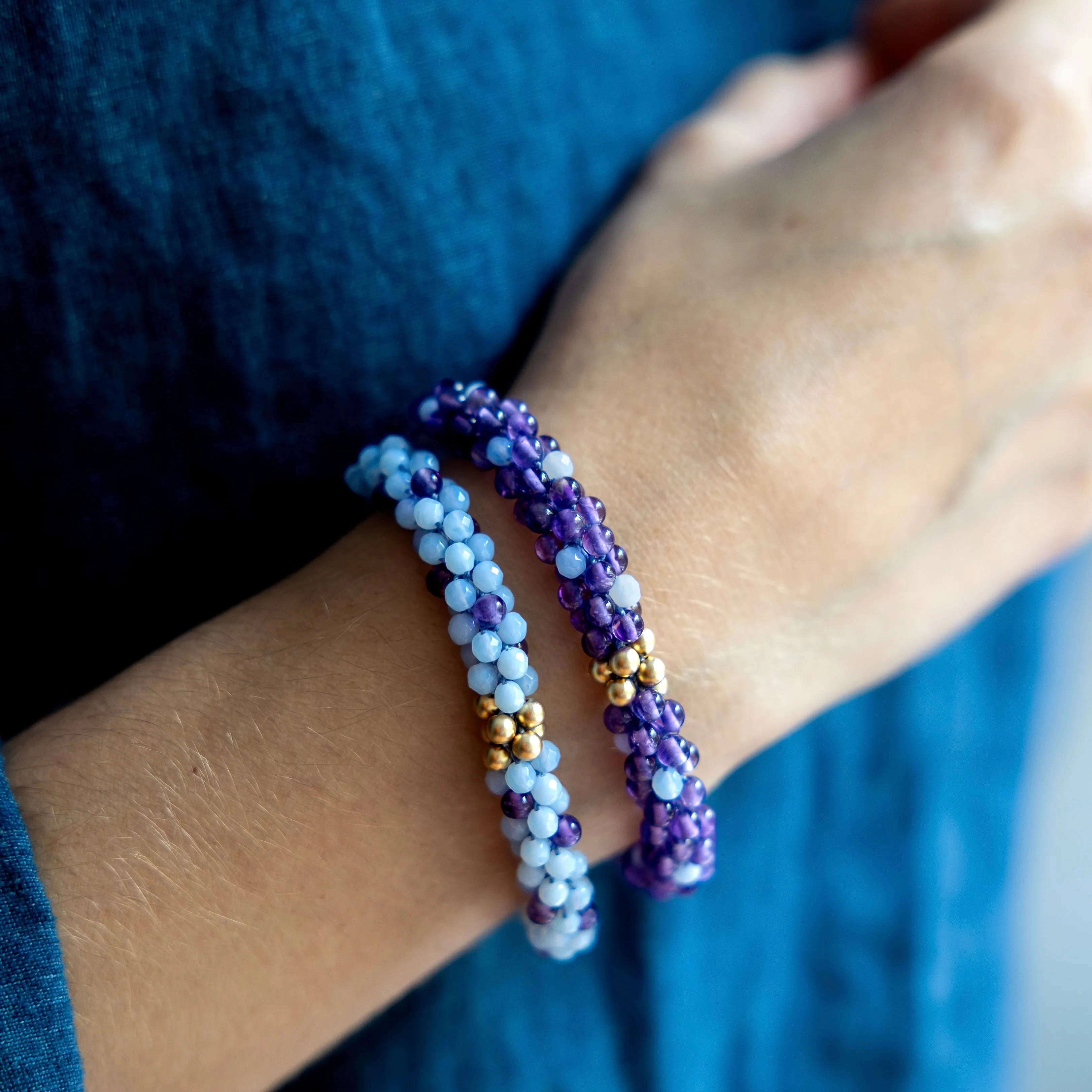 Beaded Gemstone Bracelets: Purple Polka Dots