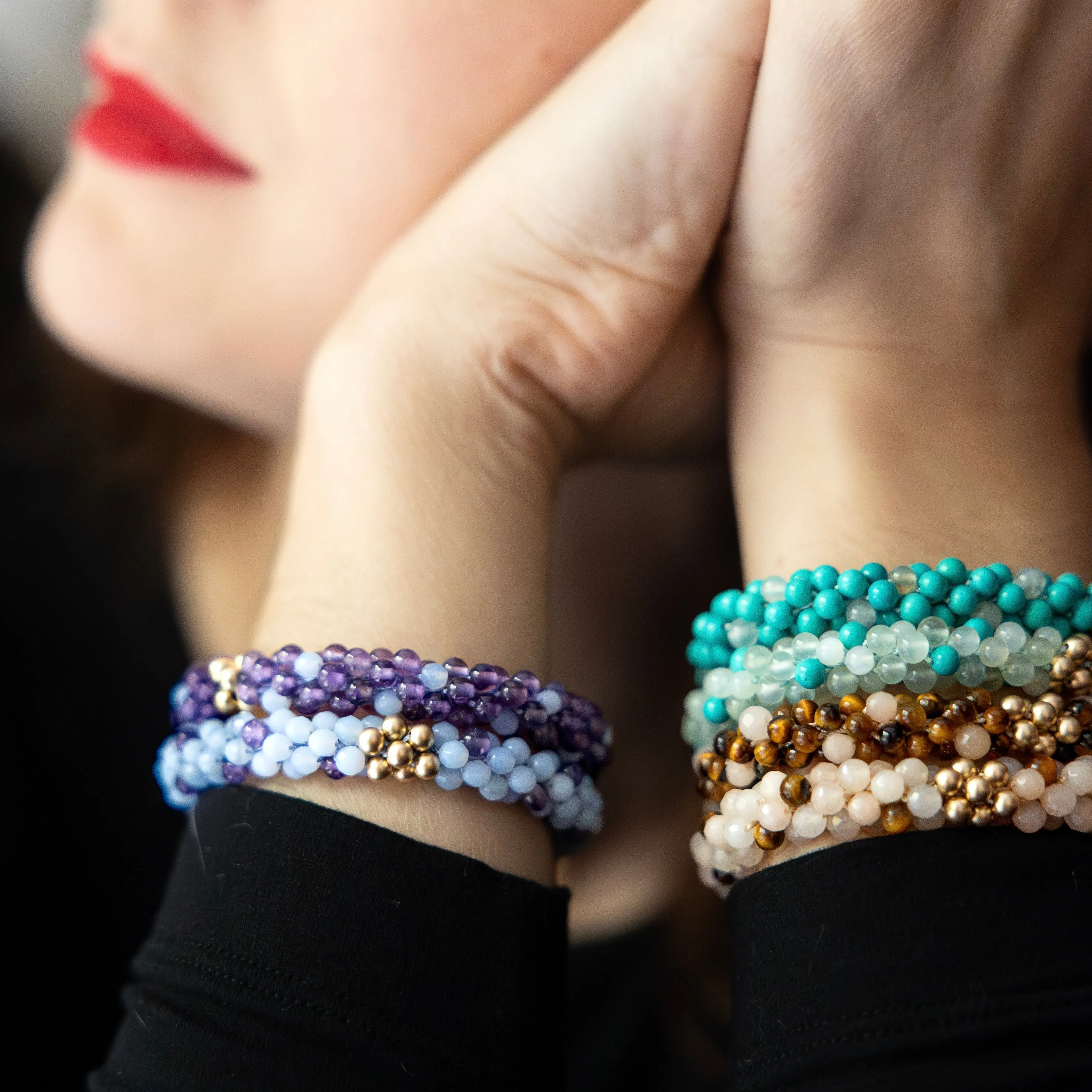 Beaded Gemstone Bracelets: Purple Polka Dots