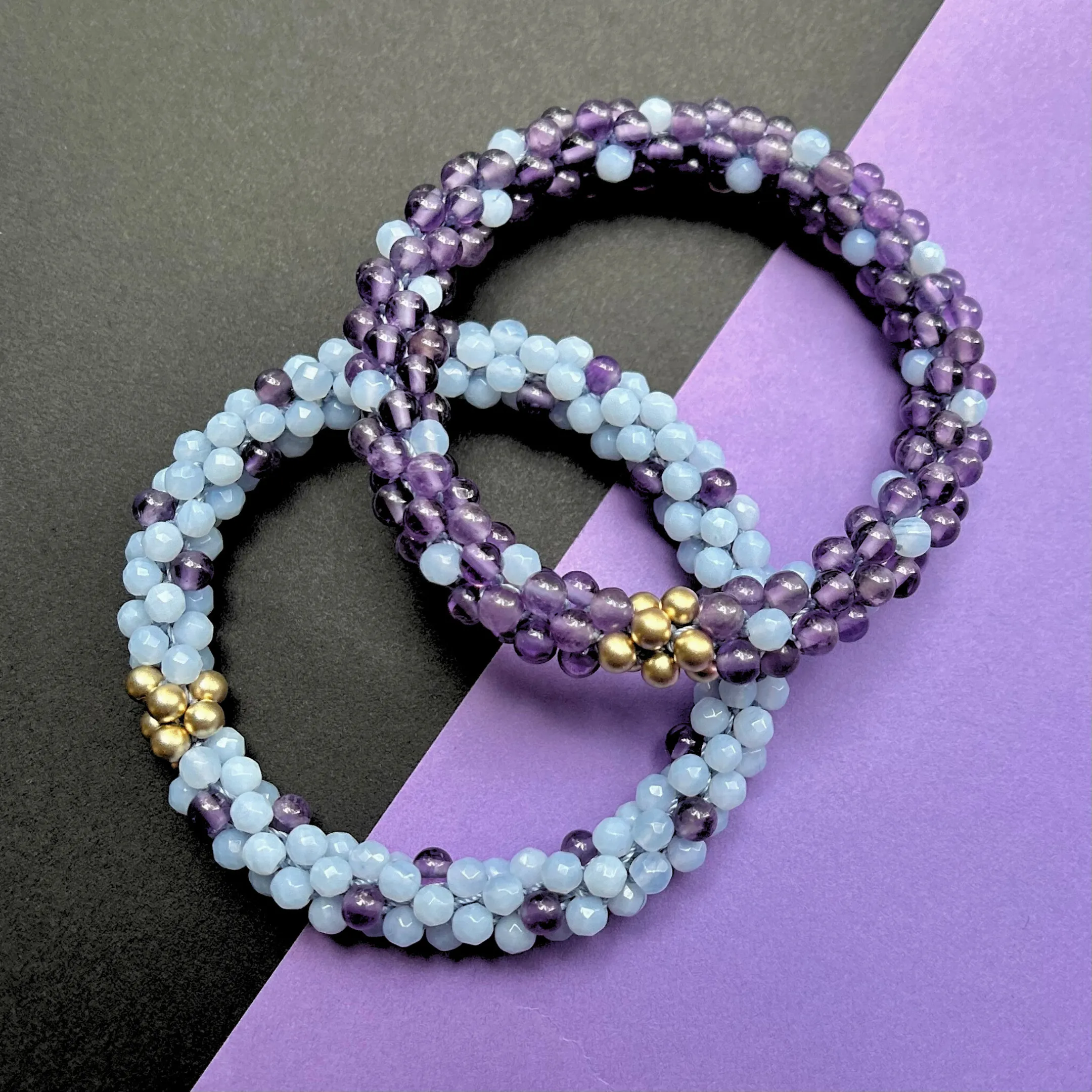 Beaded Gemstone Bracelets: Purple Polka Dots