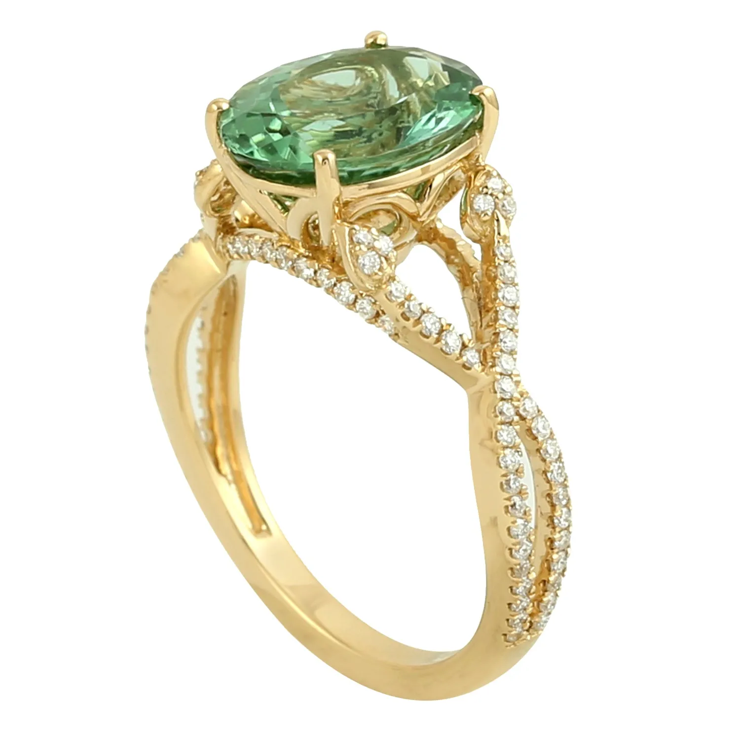 Beautiful 18K Yellow Gold Oval Cut Tourmaline Pave Diamond Cocktail Ring For Her