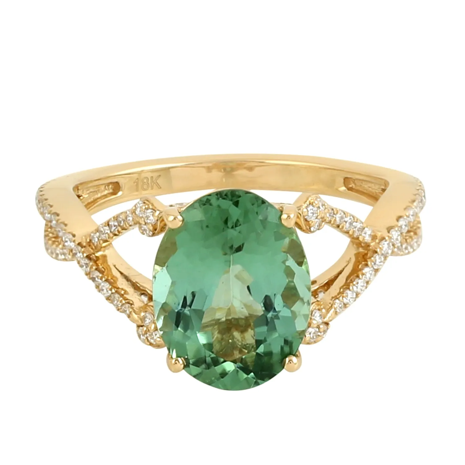 Beautiful 18K Yellow Gold Oval Cut Tourmaline Pave Diamond Cocktail Ring For Her