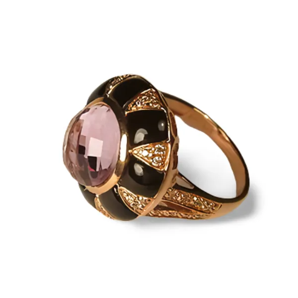 Beautiful Estate 14K Pink Rose Gold Amethyst Onyx Diamond Cocktail Ring