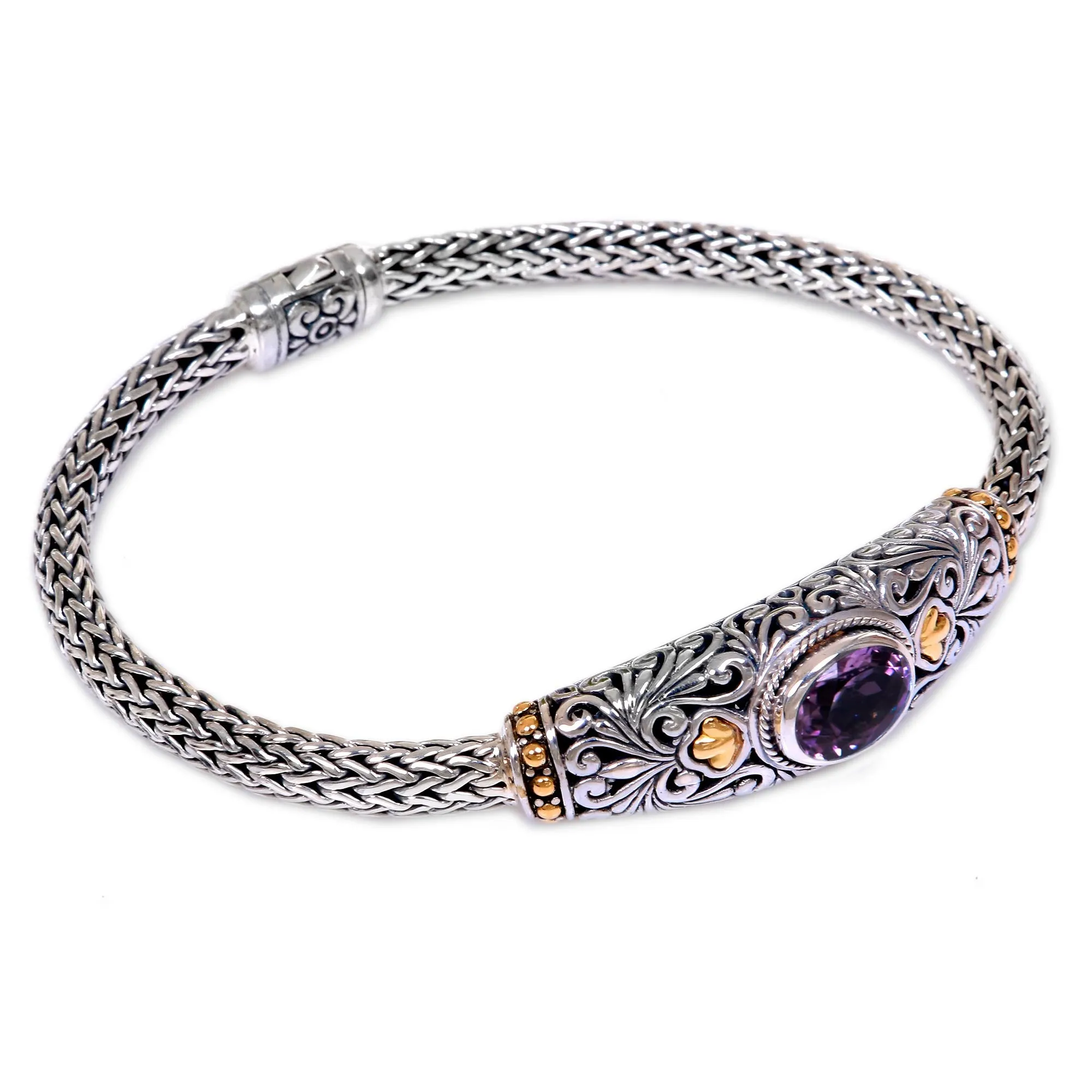 Bedugul Garden Handcrafted Balinese Gold Accent Silver Amethyst Bracelet