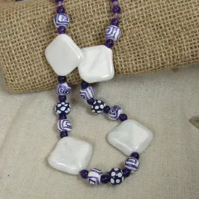 Big Bold Statement Kazuri Necklace White & Purple