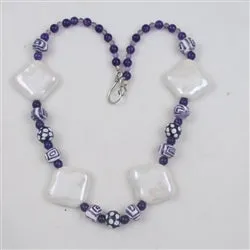 Big Bold Statement Kazuri Necklace White & Purple