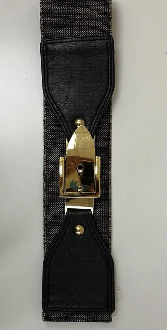 Black Wide Elastic Belt with gold buckle closure 5028