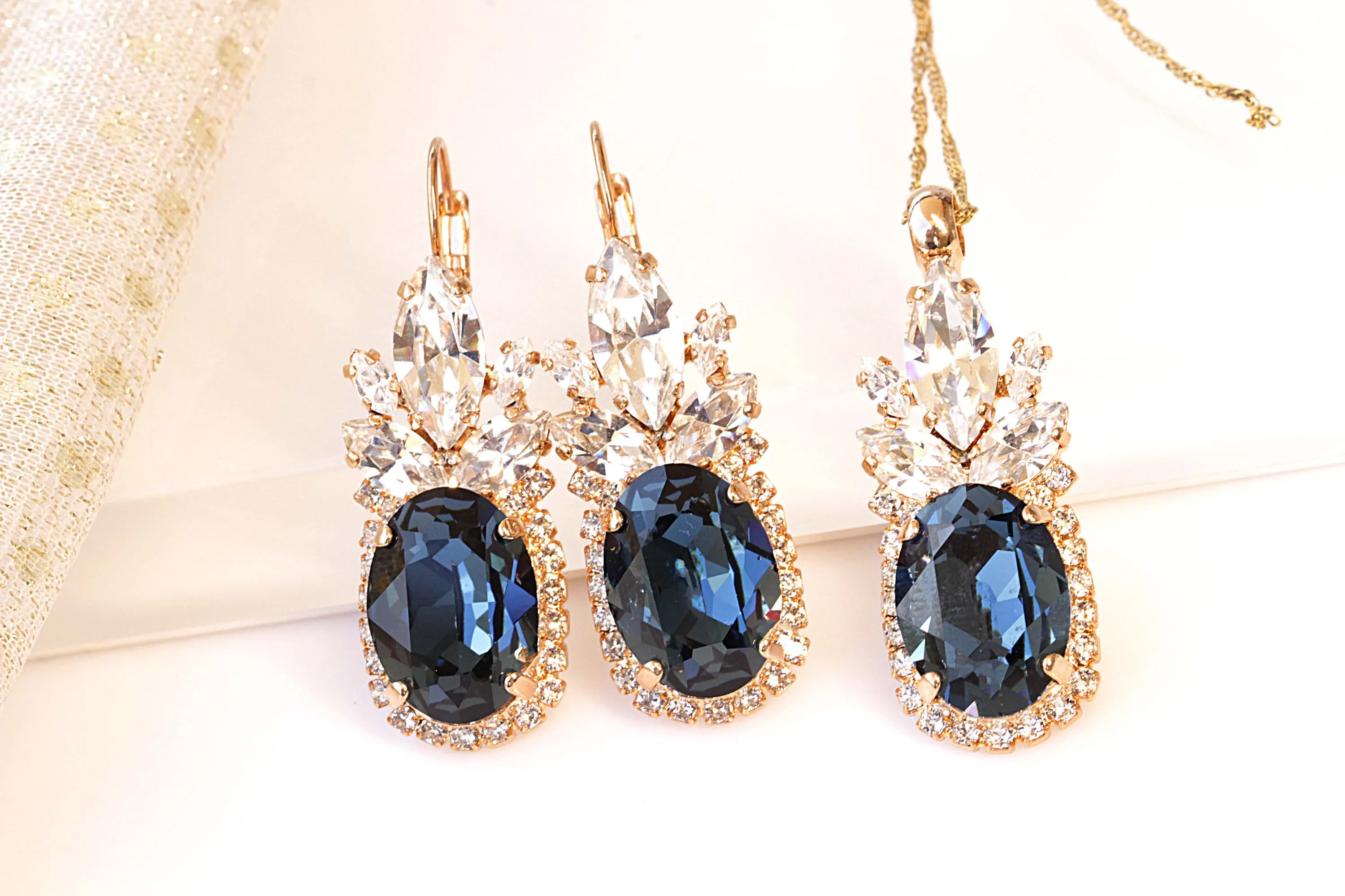 BLUE NAVY EARRINGS And Necklace Set