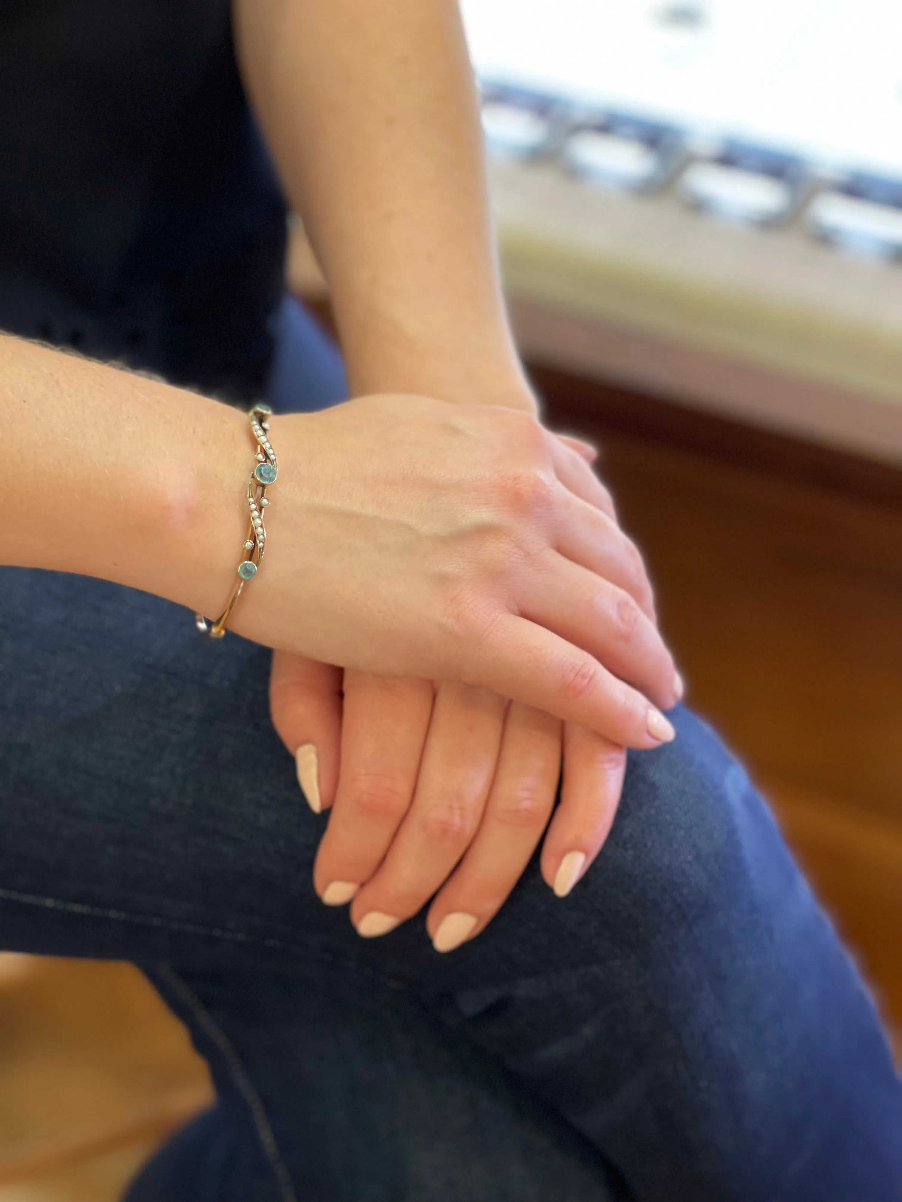 Blue Zircon and Seed Pearls 9K Yellow Gold Bangle Bracelet C.1940