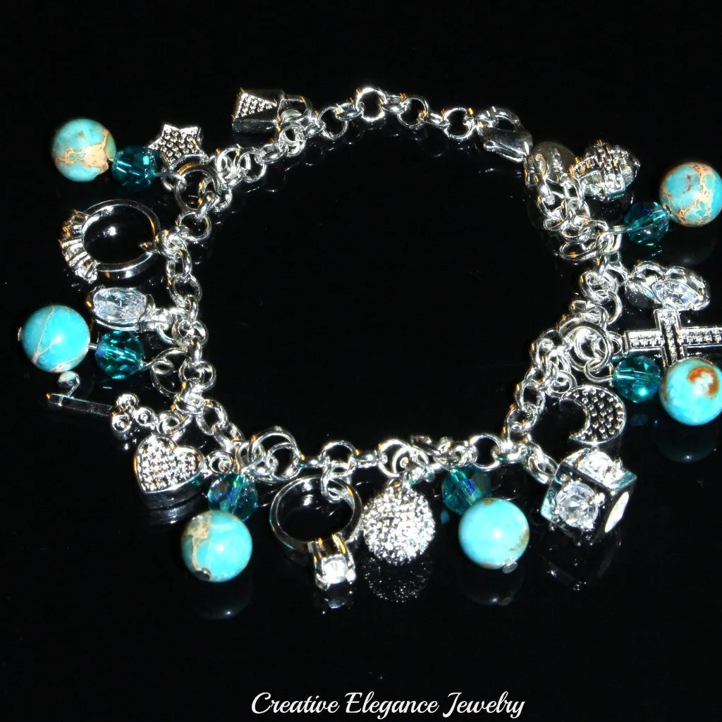 Blue Zircon Swarovski Elements and Blue Magnesite Gemstone, Charms Bracelet