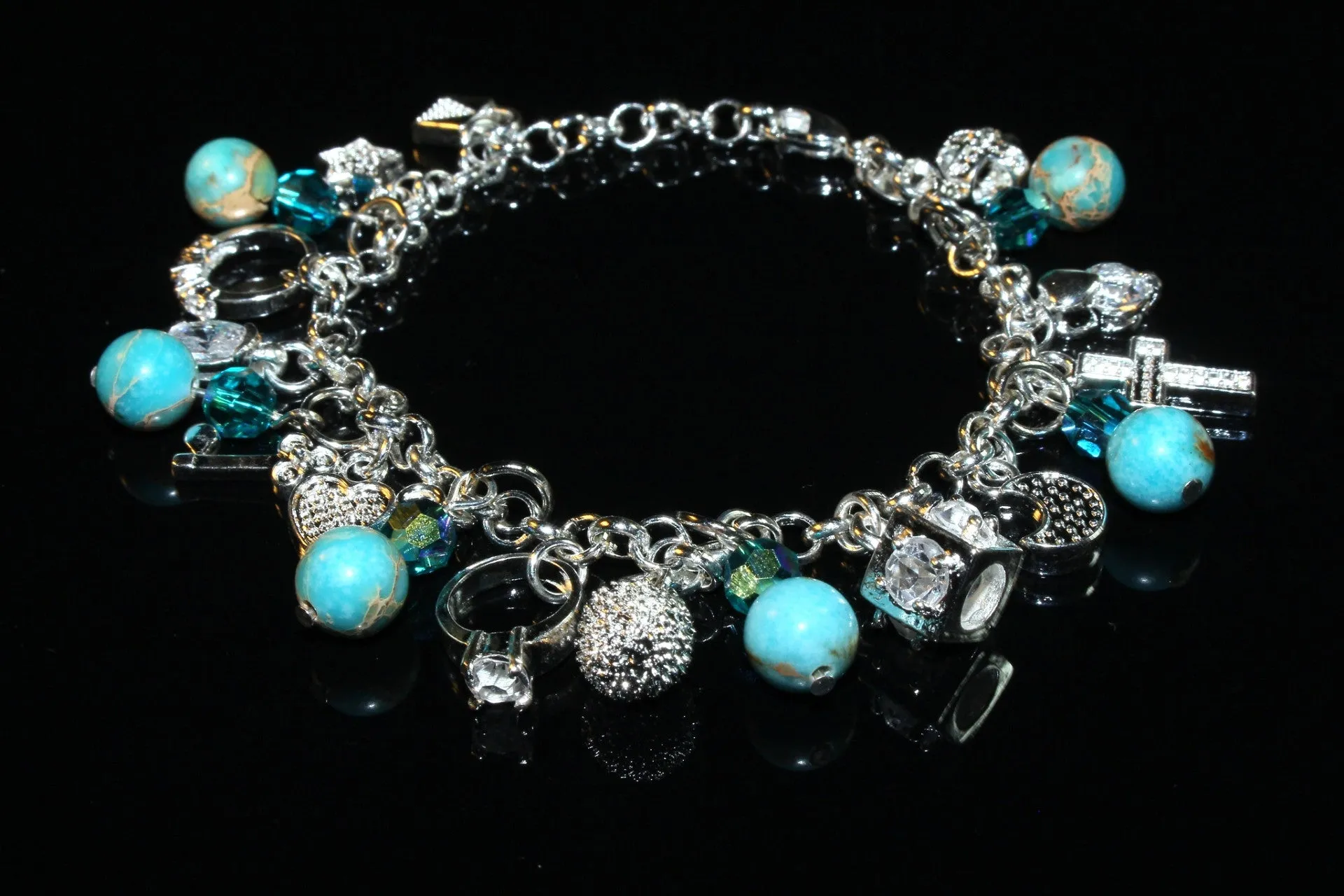 Blue Zircon Swarovski Elements and Blue Magnesite Gemstone, Charms Bracelet