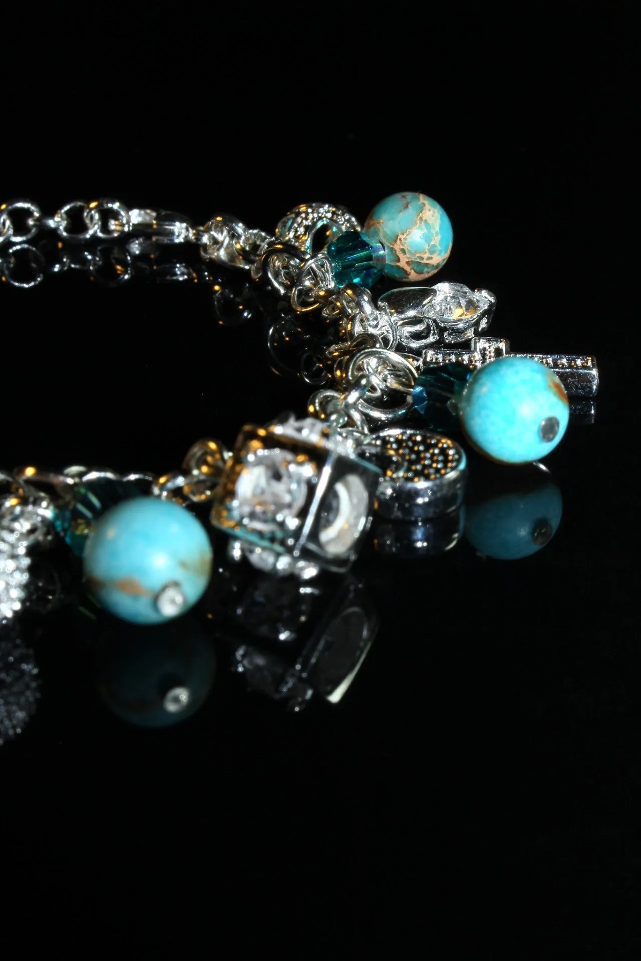 Blue Zircon Swarovski Elements and Blue Magnesite Gemstone, Charms Bracelet