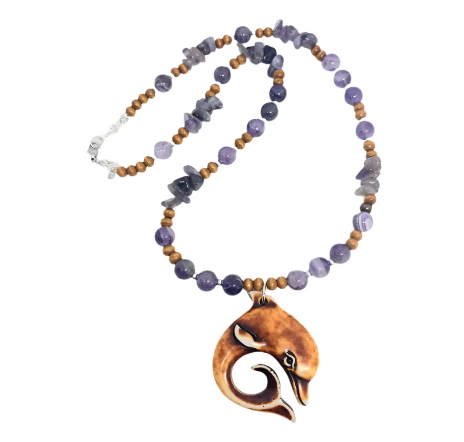 Bone Dolphin Pendant Necklace with Dream Amethyst Crystal