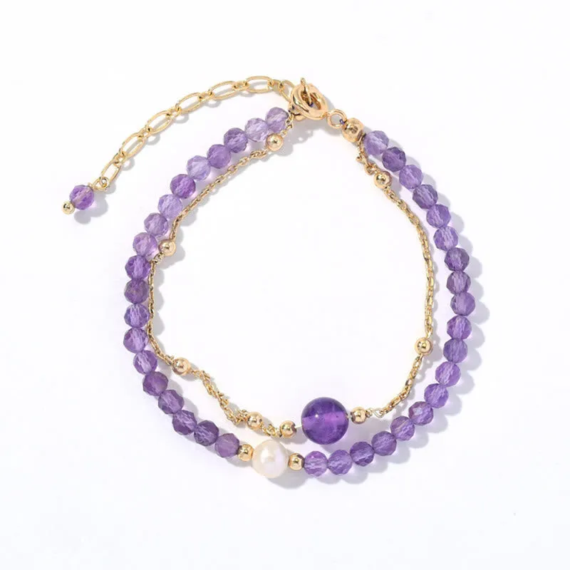 Buddha Stones 14K Gold Plated Amethyst Crystal Healing Double Layer Chain Bracelet