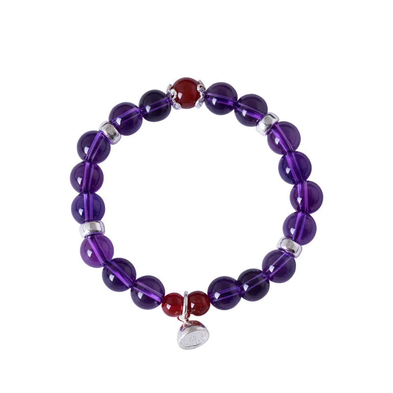 Buddha Stones 925 Sterling Silver Natural Amethyst Red Agate Lotus Positive Bracelet