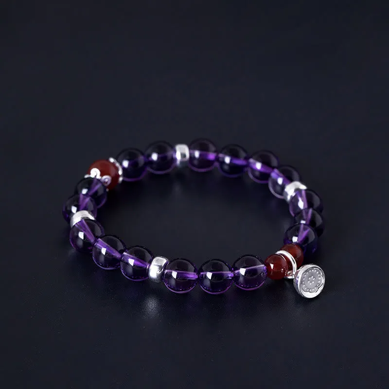 Buddha Stones 925 Sterling Silver Natural Amethyst Red Agate Lotus Positive Bracelet