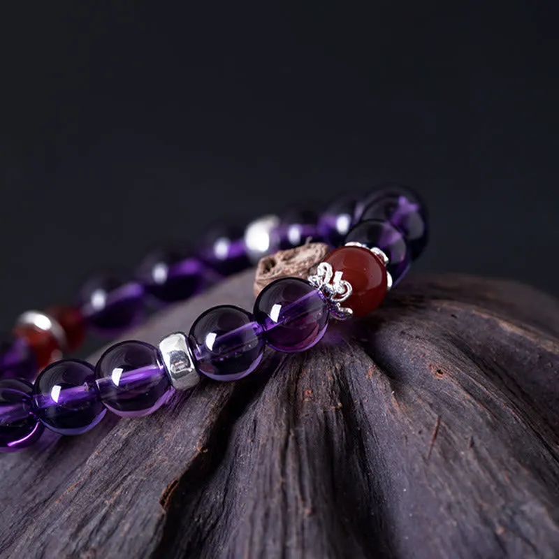 Buddha Stones 925 Sterling Silver Natural Amethyst Red Agate Lotus Positive Bracelet