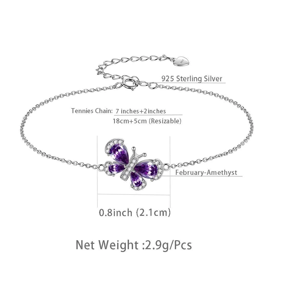 Butterfly Bracelet Birthstone February Amethyst Crystal Women Girls Jewelry Birthday Gift