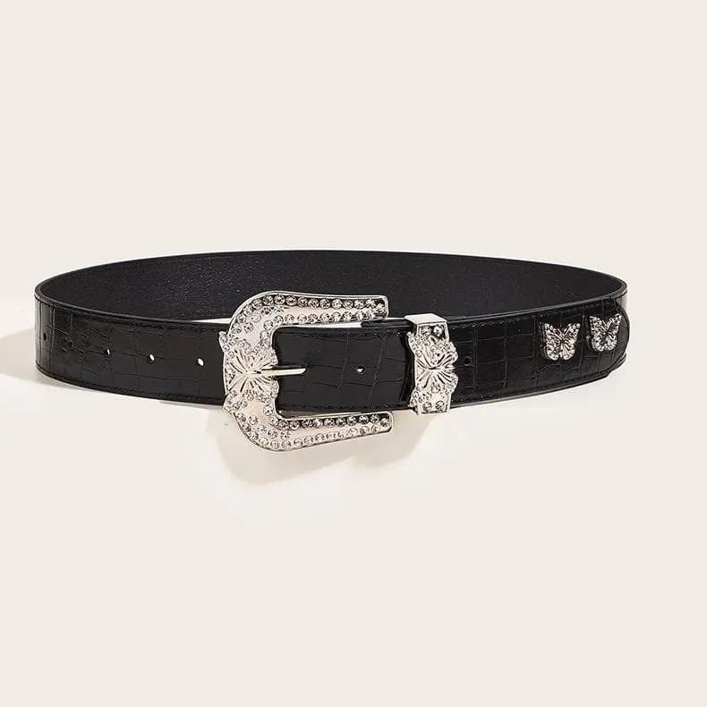 Butterfly rhinestone PU leather belt