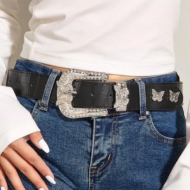 Butterfly rhinestone PU leather belt