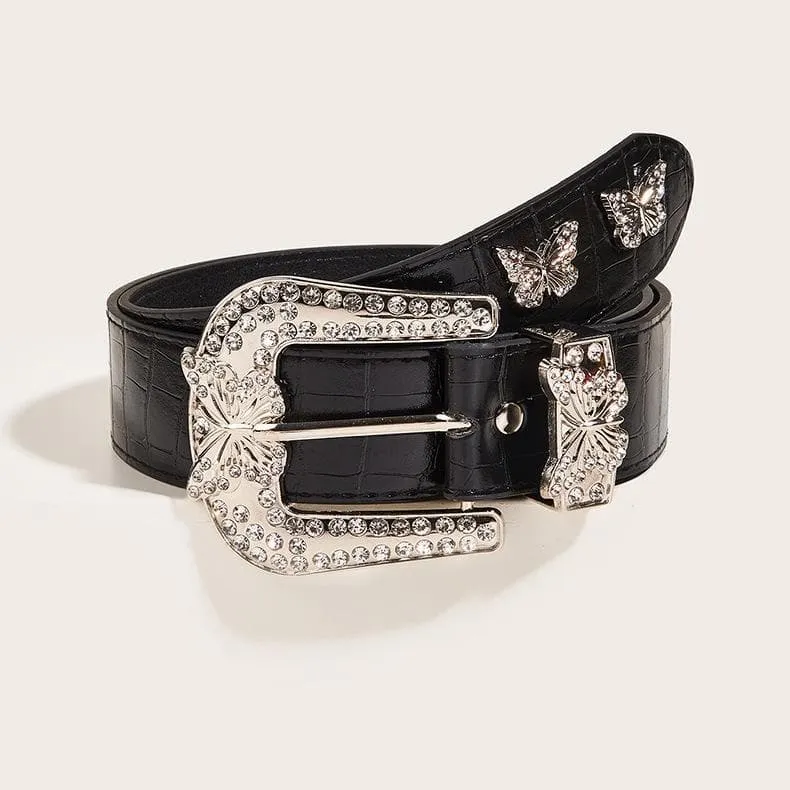 Butterfly rhinestone PU leather belt