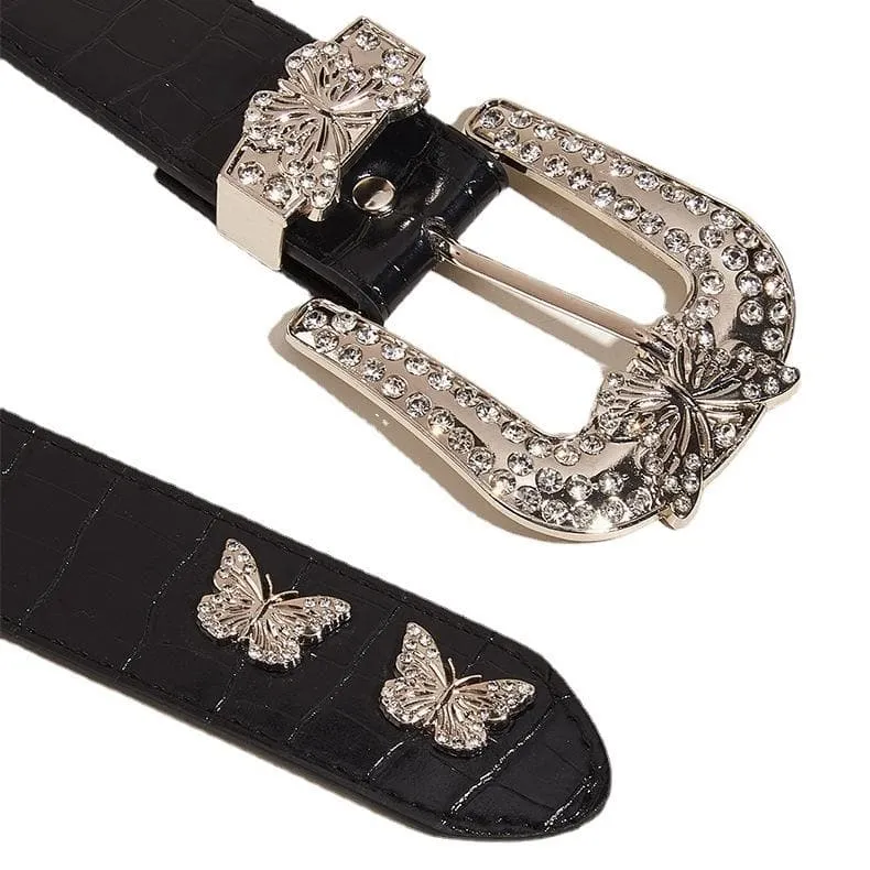 Butterfly rhinestone PU leather belt