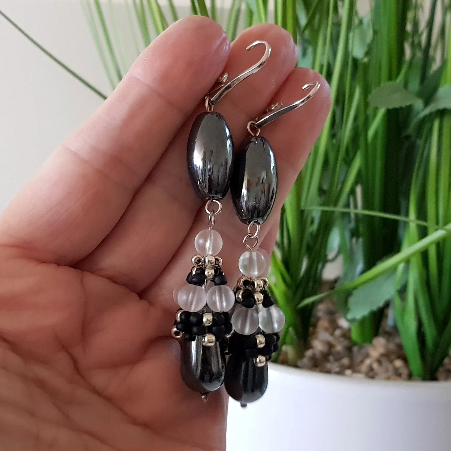 Calming Princess Earrings - Beaded Cap Haematite Long Dangle | KJ-371E | Handmade Earrings