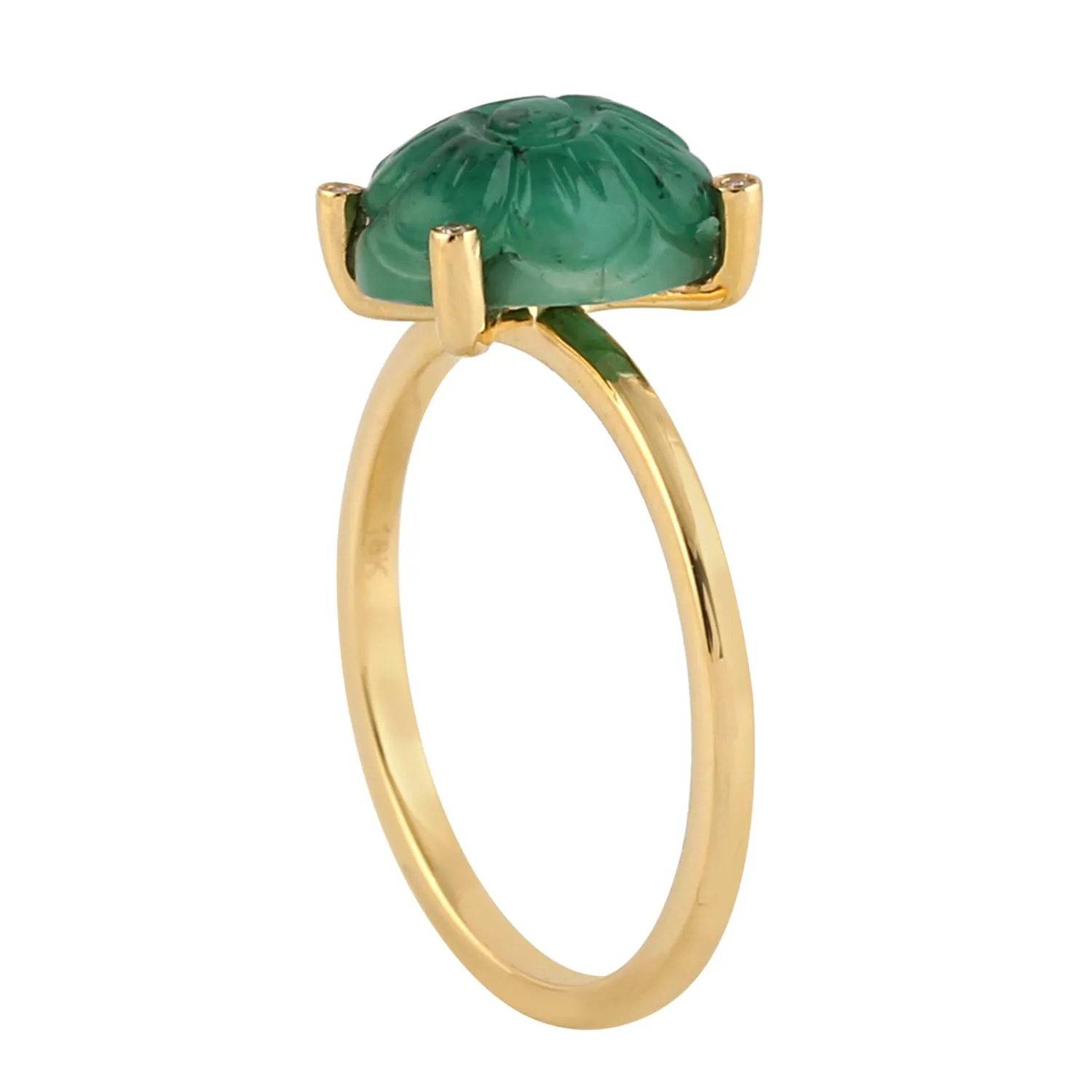 Carved Emerald Diamond Prong Set Cocktail Ring In 18k Gold