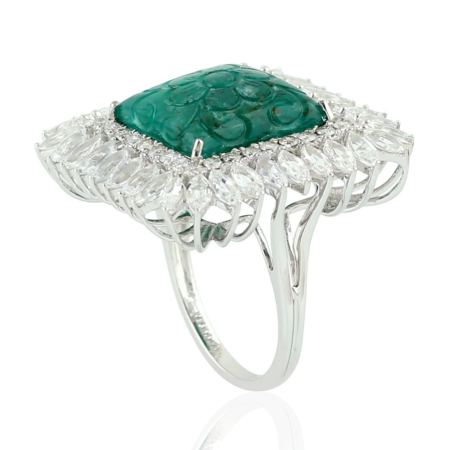 Carved Emerald Sapphire Diamond Cocktail Ring In White Gold For Wedding Gift