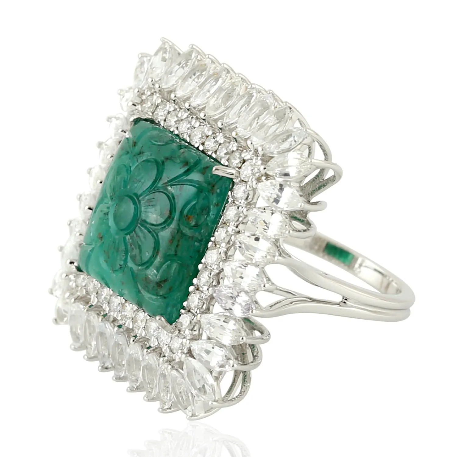 Carved Emerald Sapphire Diamond Cocktail Ring In White Gold For Wedding Gift