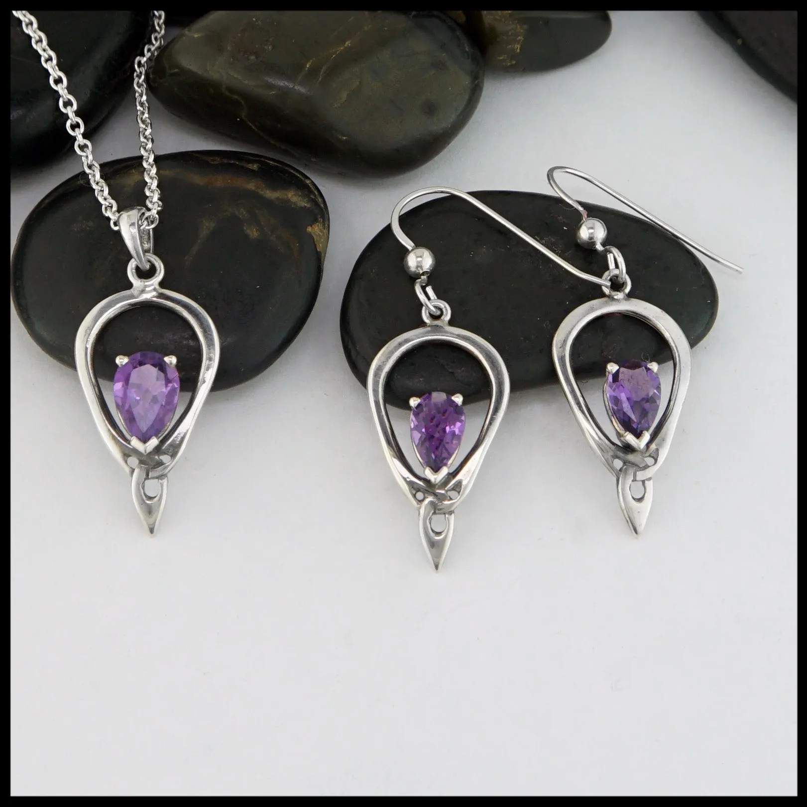 Celtic Drop Pendant and Earring Set with Amethyst