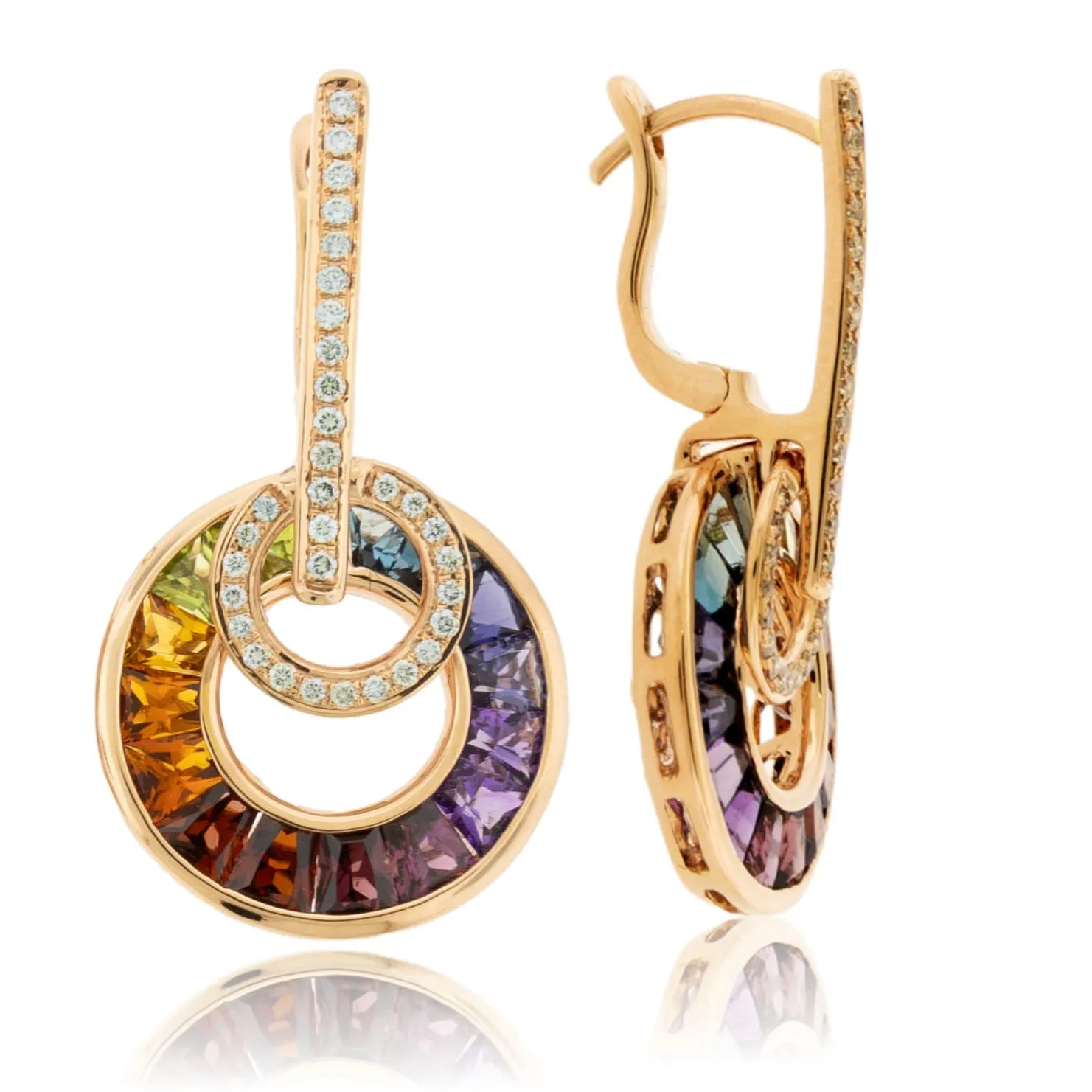 Circle Style Rainbow Mixed Gemstone & Diamond Dangle Earrings