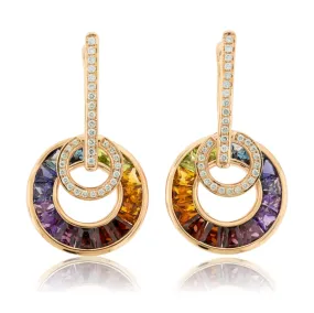 Circle Style Rainbow Mixed Gemstone & Diamond Dangle Earrings