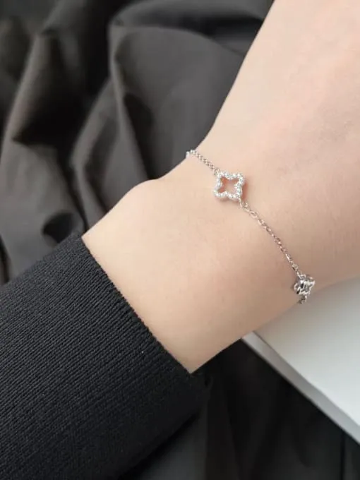 Clover Bracelet, Pave Zircon .925 Sterling Silver Dainty Flower Bracelet