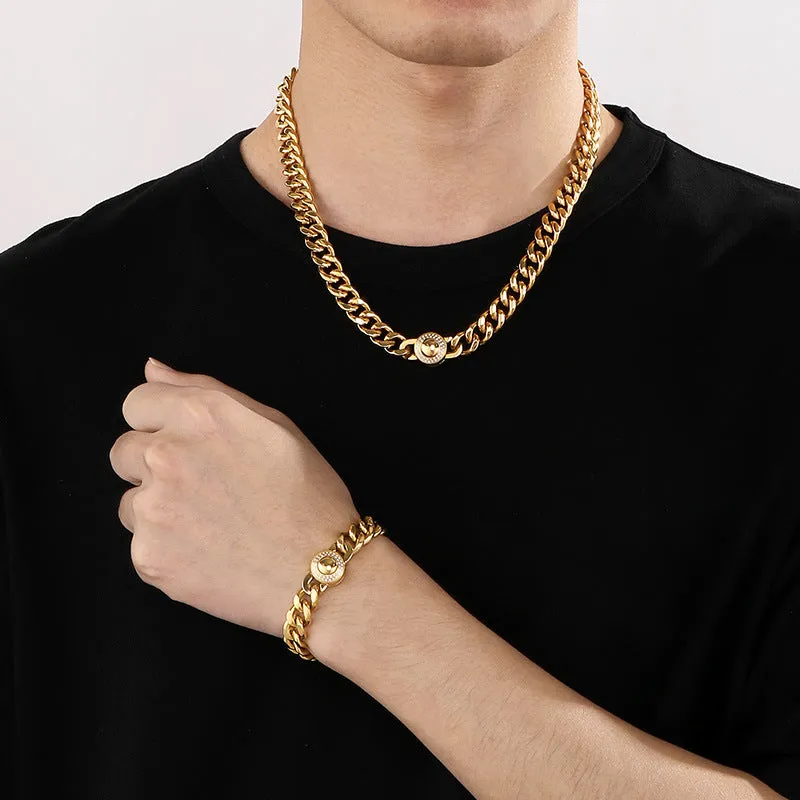 CNC Zircon-Set Gold-Plated Stainless Steel Cuban Chain Necklace for Men