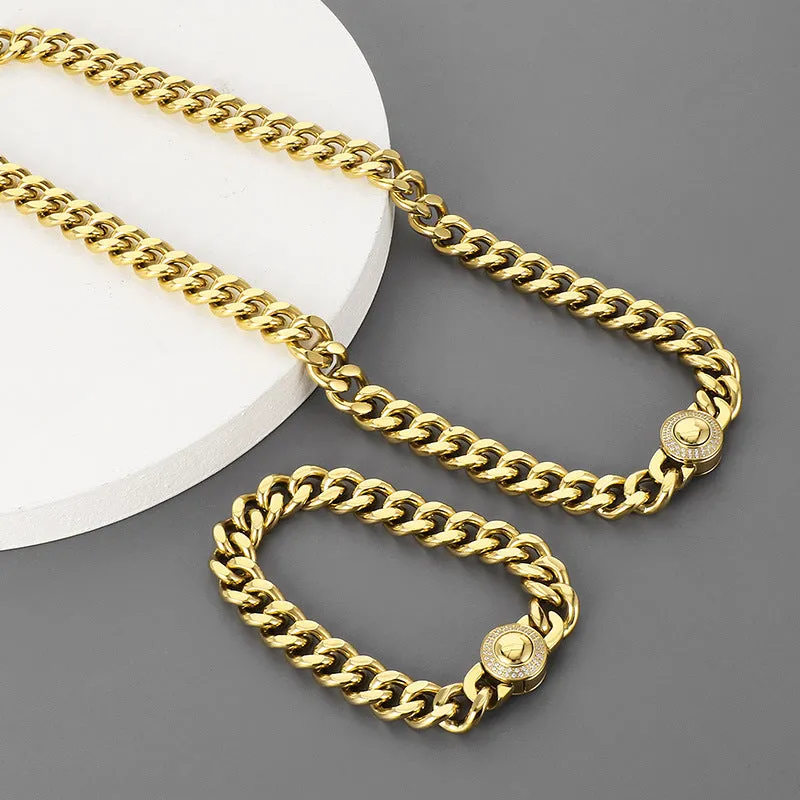 CNC Zircon-Set Gold-Plated Stainless Steel Cuban Chain Necklace for Men