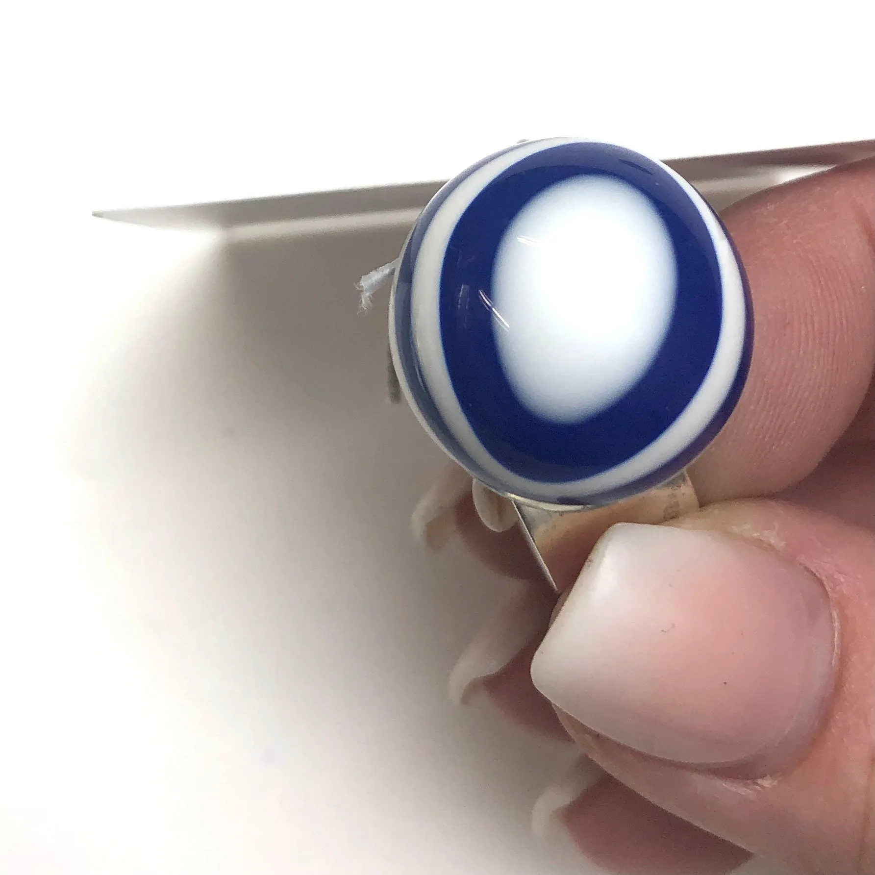 Cobalt Blue Bullseye Lucite Silver Cocktail Ring