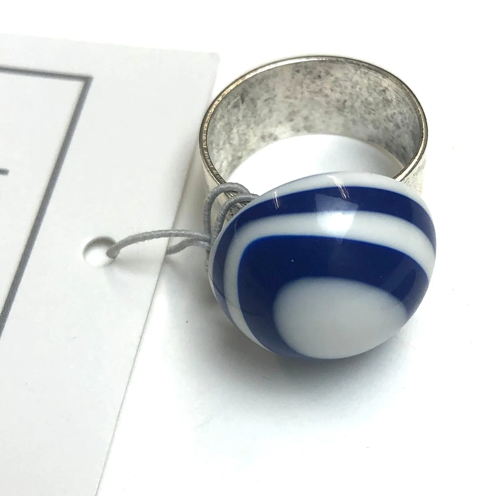 Cobalt Blue Bullseye Lucite Silver Cocktail Ring