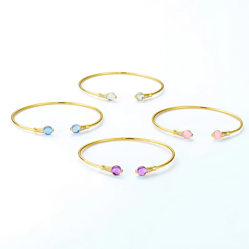 Colourful Round Crystal Zircon Golden Opening Sterling Silver Bracelet