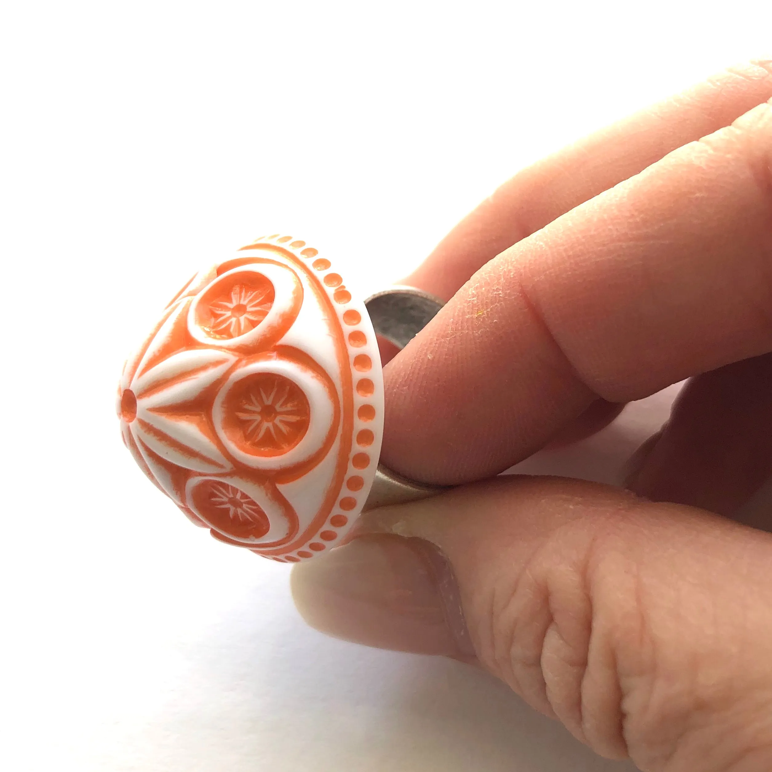 Coral Carved Cornflower Lucite Silver Cocktail Ring