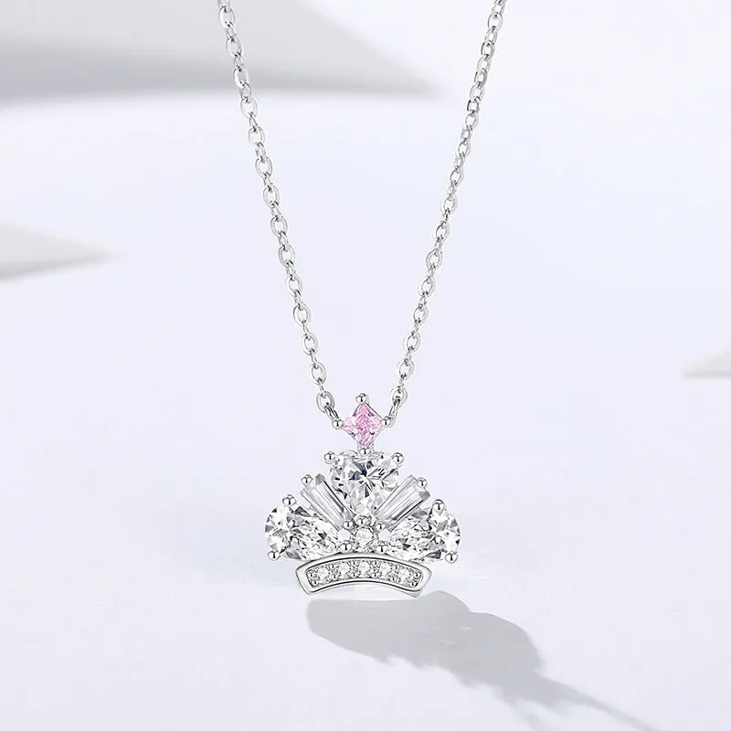 Crown Necklace S925 Sterling Silver Zircon Clavicle Chain Women's Fashion Versatile Light Luxurious Style Pendant Jewelry