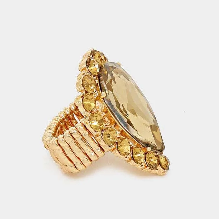 Crystal Brown Teardrop Stretch Gold Cocktail Ring