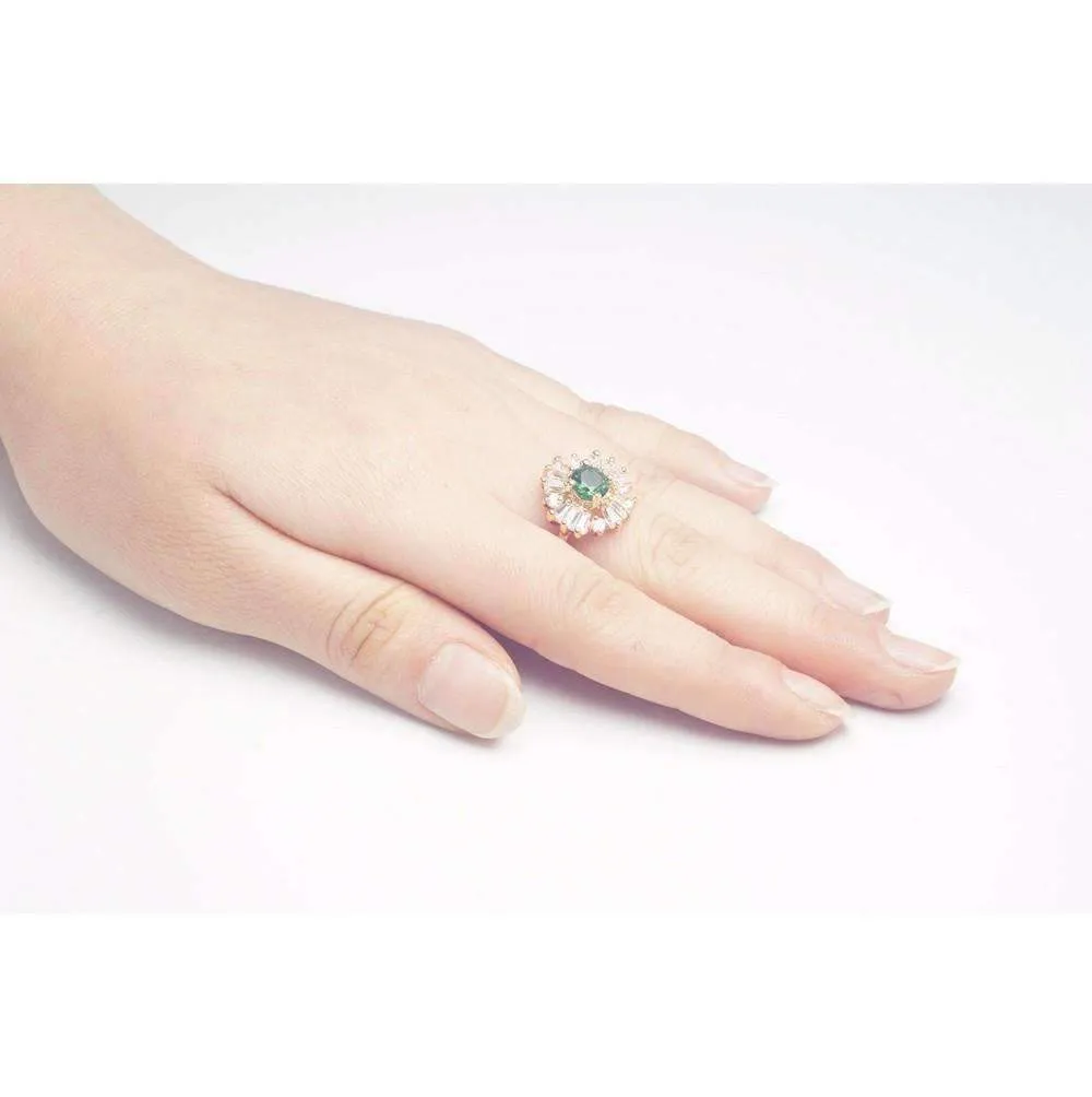 Crystal Garden CZ Flower 18K Gold Plated Cocktail Ring for Women Emerald Green or Sapphire Blue Color Choice