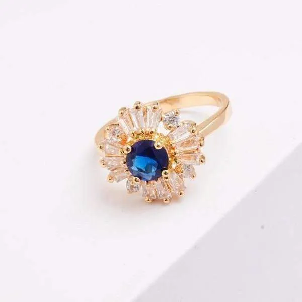 Crystal Garden CZ Flower 18K Gold Plated Cocktail Ring for Women Emerald Green or Sapphire Blue Color Choice