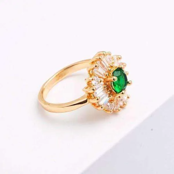 Crystal Garden CZ Flower 18K Gold Plated Cocktail Ring for Women Emerald Green or Sapphire Blue Color Choice