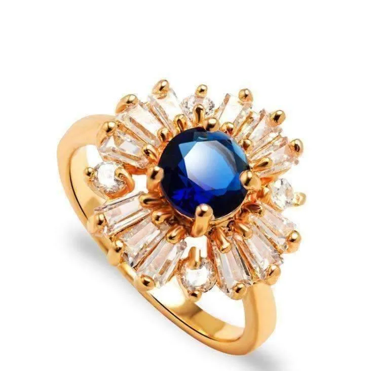 Crystal Garden CZ Flower 18K Gold Plated Cocktail Ring for Women Emerald Green or Sapphire Blue Color Choice